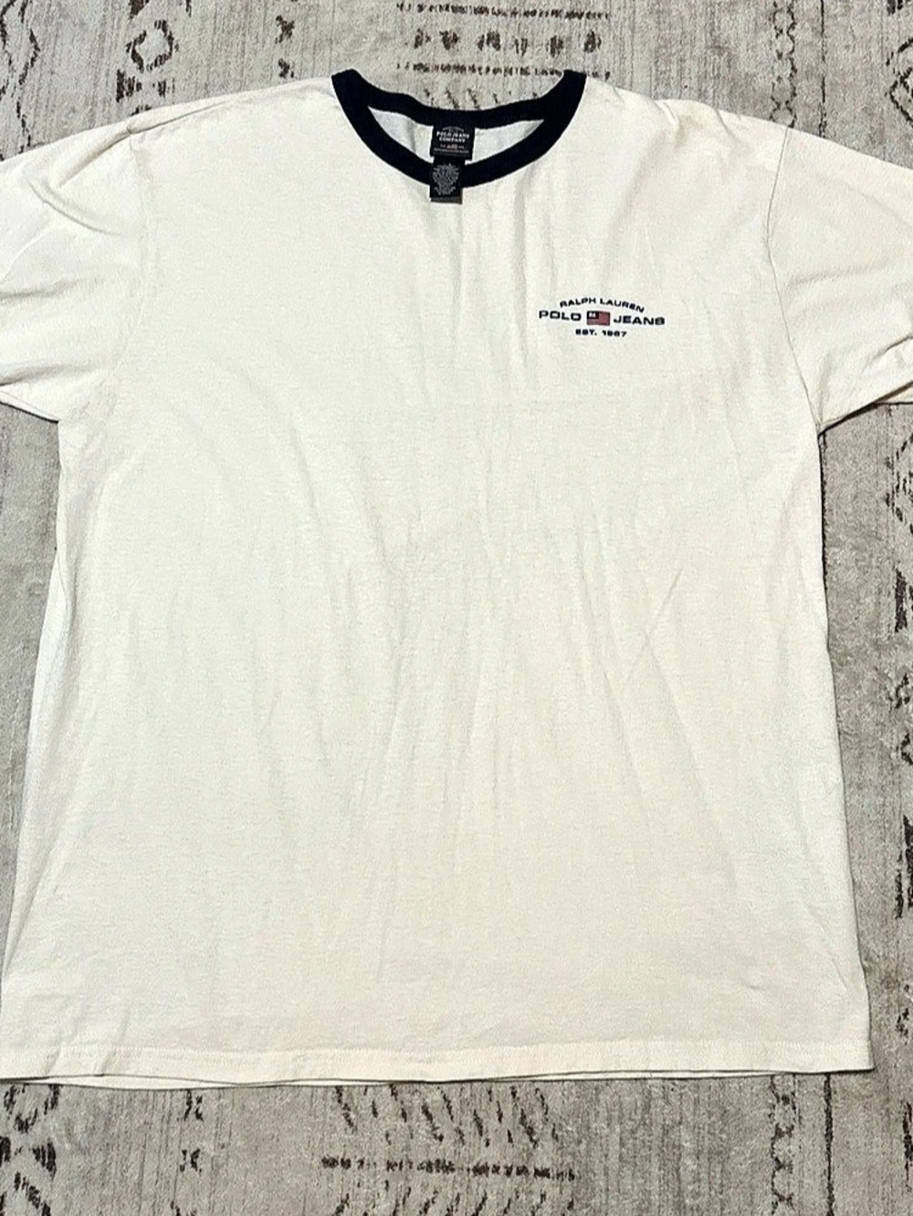 Vintage 90s Polo Jeans Co Ralph Lauren Cream Navy Ringer Tee Men’s Size L